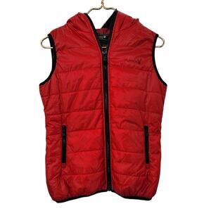 Vintage Y2K Playboy Physical Hooded Puffer Vest Red Black Zipper Hood Size Large